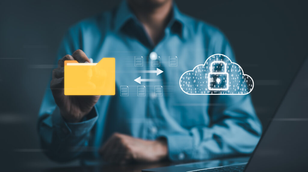 Man directing data to a cloud with protection of Data Loss Prevention (DLP)