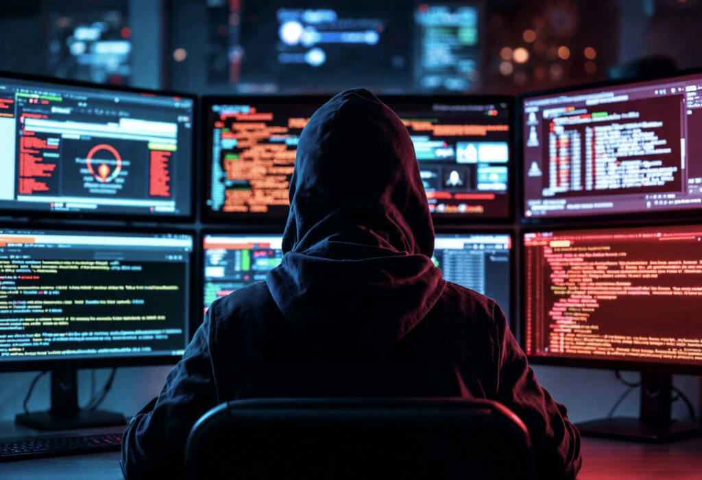 Imagem de pessoa realizando ataque hacker com monitores a sua frente
